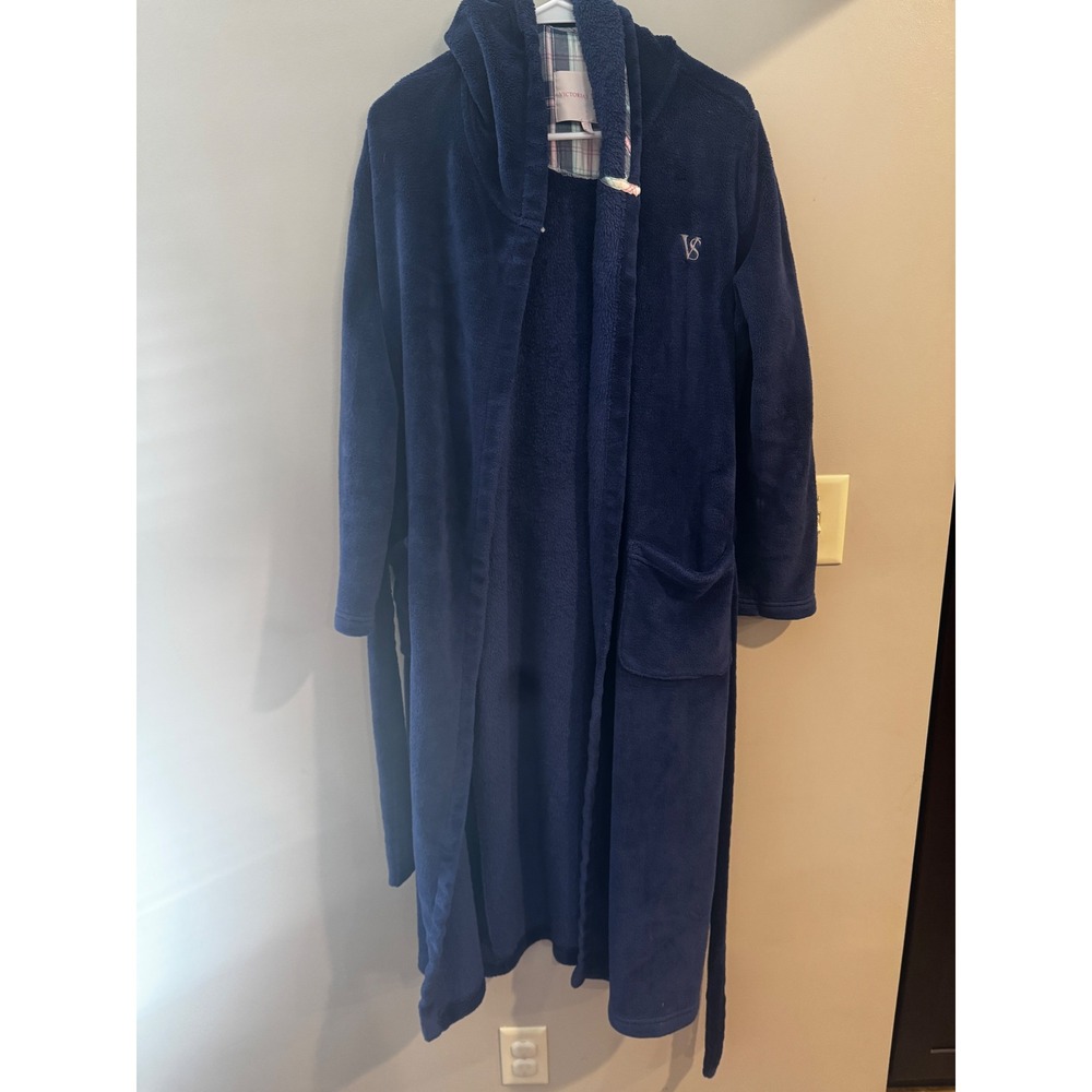 Victoria's Secret Navy Blue Plush Fleece Hooded Robe Medium VS Logo Plaid Trim